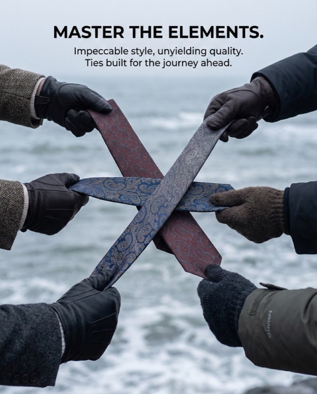 AI-generated tie product photography — editorial flat-lay and styled shots highlighting fabric texture